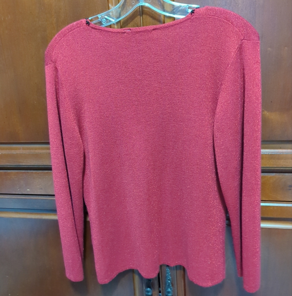 ❤️🖤Dress Barn Red Black Beaded Designs Pullover V-Neck Sweater Long Sleeve - Picture 5 of 12